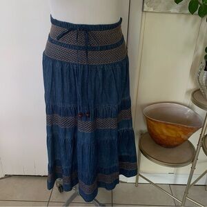 G Unit Fashions Tiered Denim Midi Skirt  Medium Blue Smocked Cowgirl Boho size L